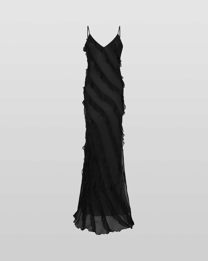 Woman wearing black sleeveless Selena Dress with ruched detailing and diagonal seaming — Rat & Boa | Endless UAE