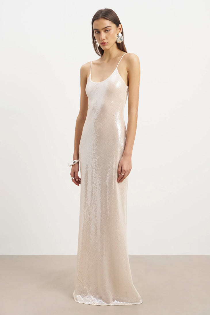 Ivory sequin camisole maxi dress with thin straps and flowing silhouette — Because of Alice | Endless UAE