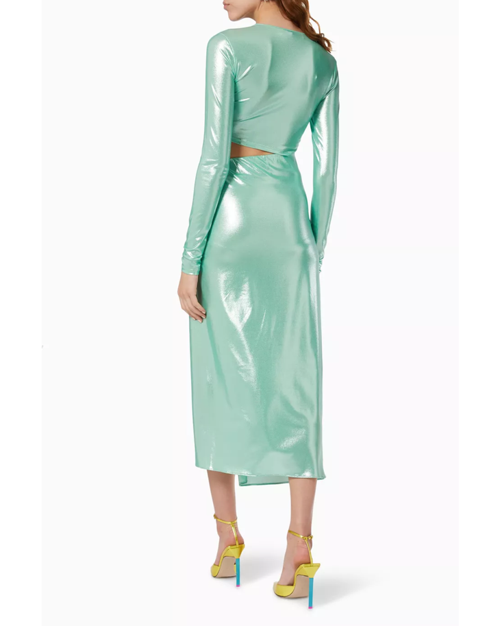 Mint green metallic cut-out midi dress with long sleeves and draped skirt — The Andamane | Endless UAE