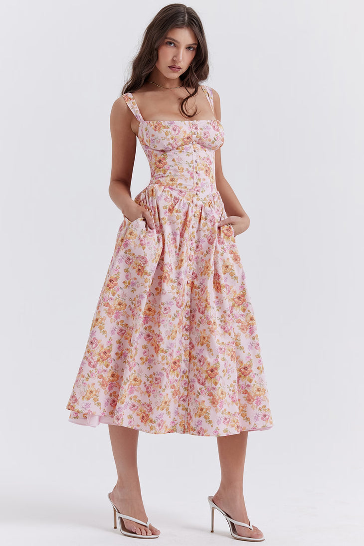 Tatiana Print Midi Sundress in pink floral — House of CB | Endless UAE