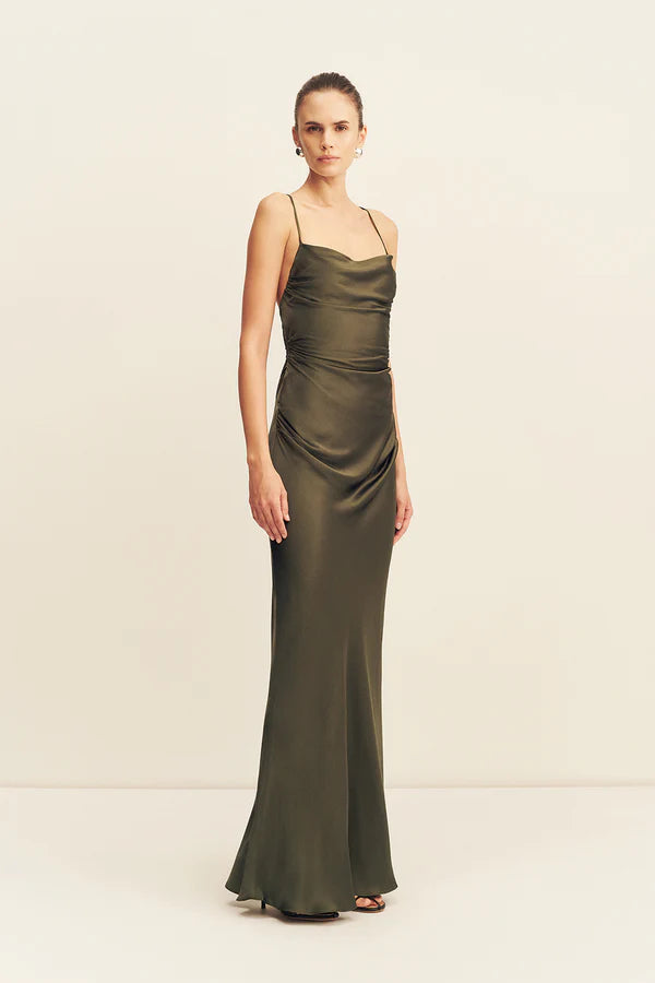 Olive satin cowl neck maxi dress with ruched sides and lace back detail — Shona Joy | Endless UAE