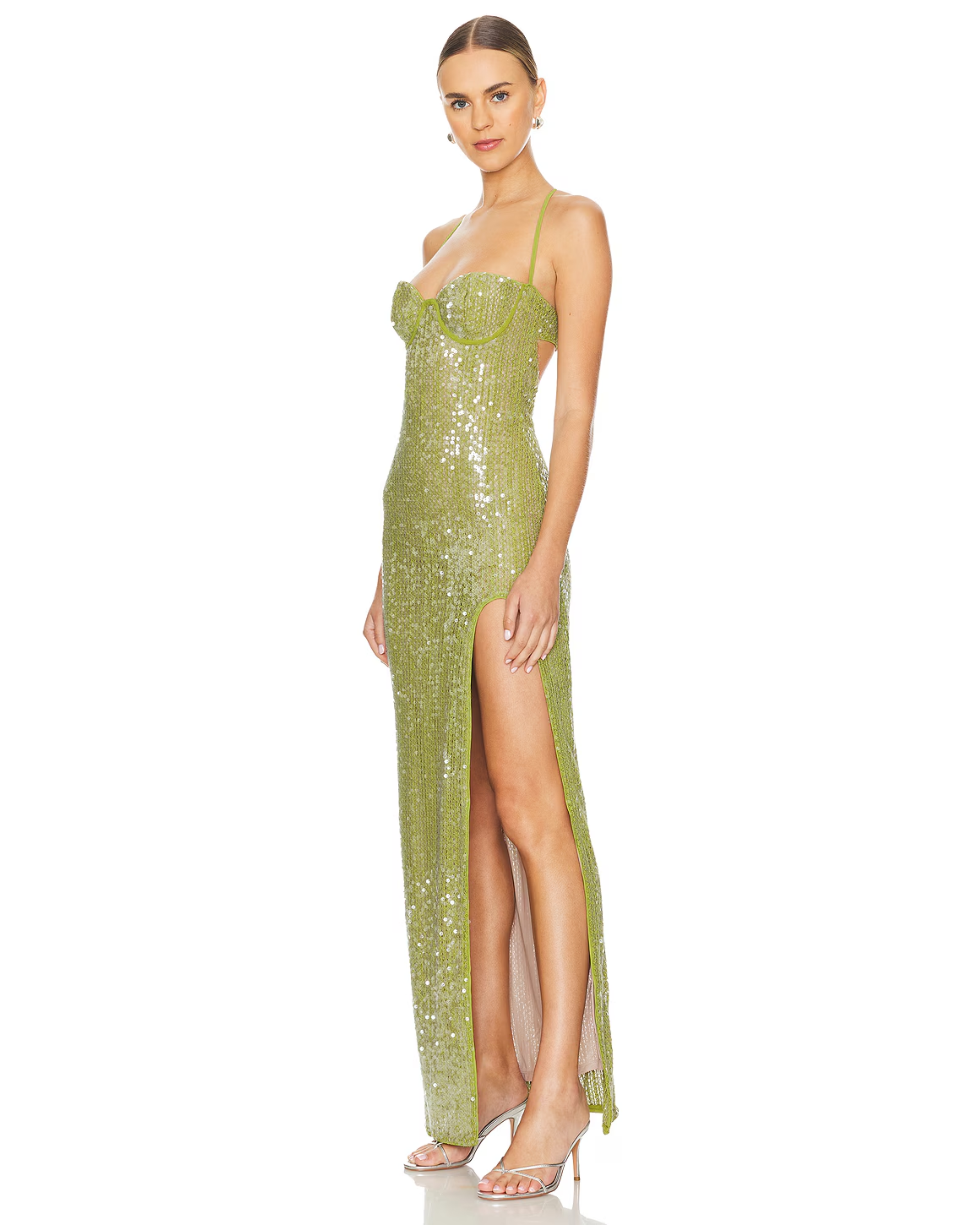 Woman wearing lime green sequin maxi dress with slit and thin straps — Camila coelho | Endless UAE