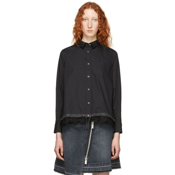 Black Cotton Poplin Shirt with Button Front and Curved Hem — Sacai | Endless UAE