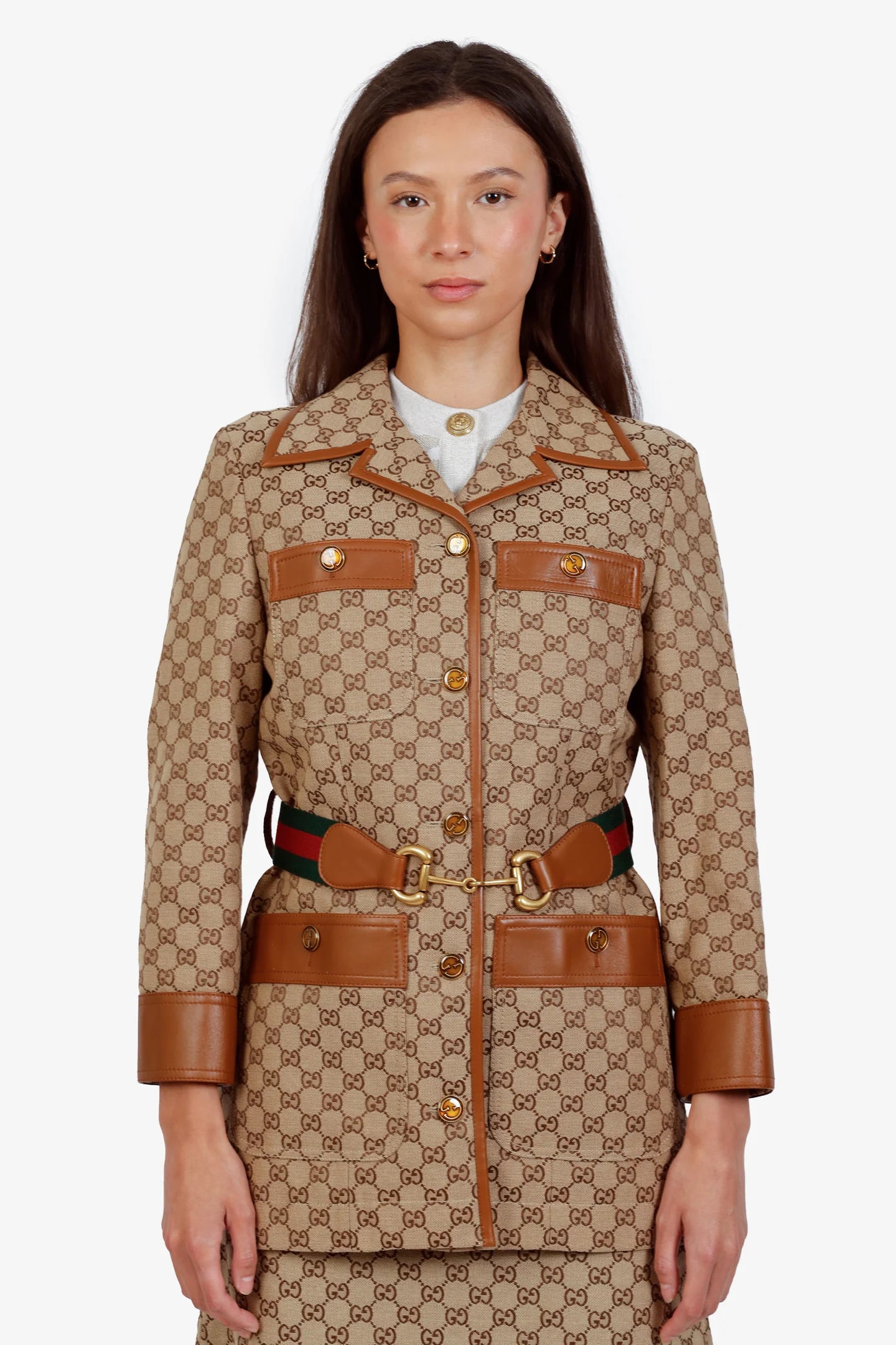 GG canvas jacket with leather trim, horsebit web belt detail, and gold-tone buttons — Gucci | Endless UAE