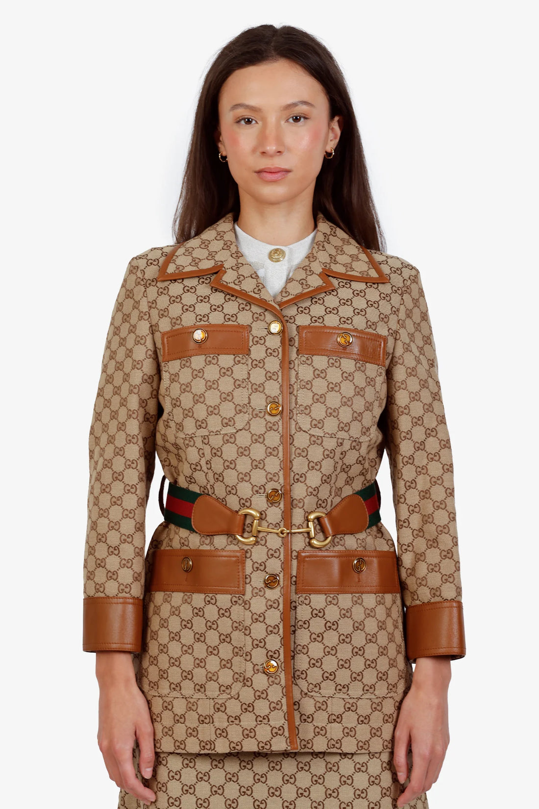GG canvas jacket with leather trim, horsebit web belt detail, and gold-tone buttons — Gucci | Endless UAE