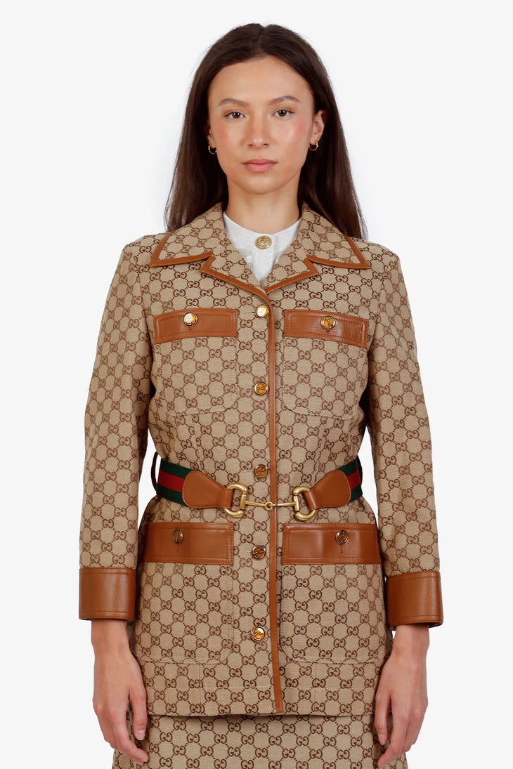 GG canvas jacket with leather trim, horsebit web belt detail, and gold-tone buttons — Gucci | Endless UAE