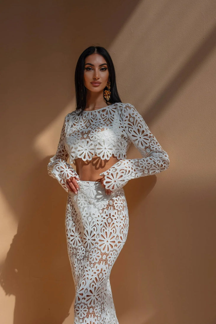 White floral lace crop top and skirt co-ord set with long sleeves — Melissa Phair | Endless UAE