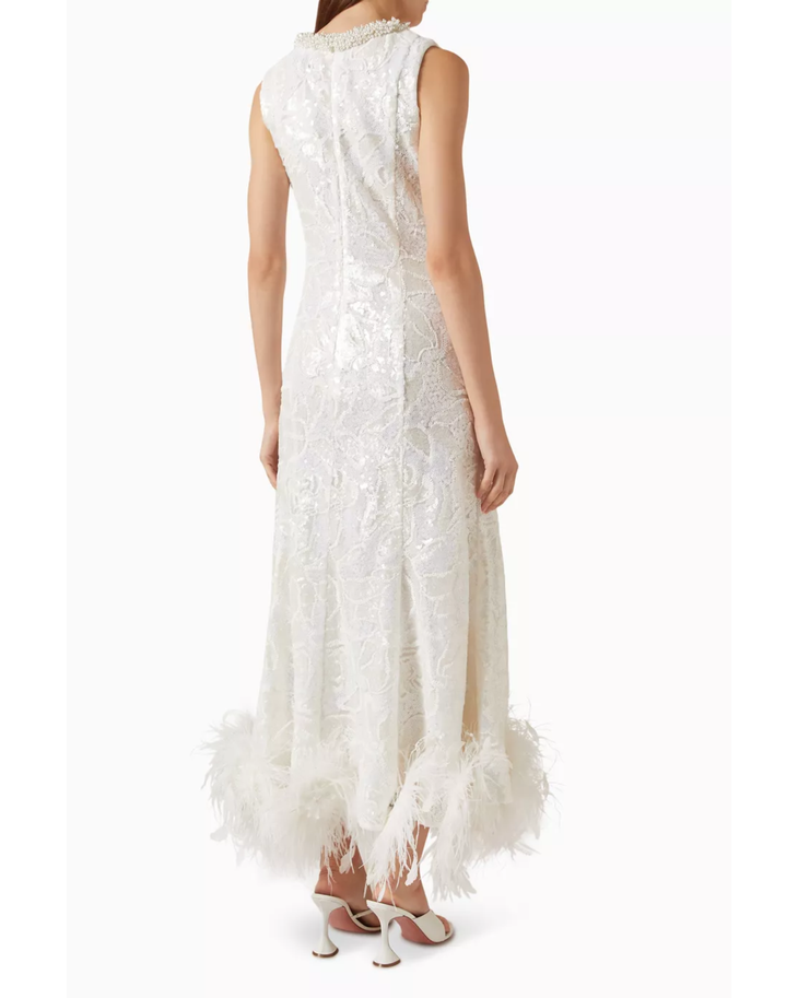 White sequin-embellished sleeveless dress with feather hem detail — Self-Portrait | Endless UAE
