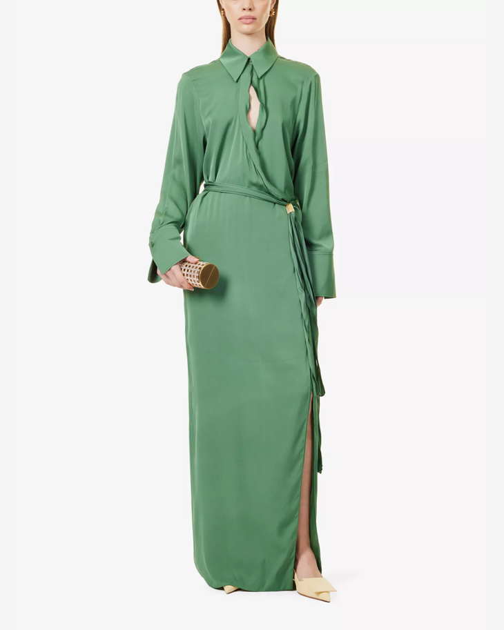 Woman wearing sage green silk-blend maxi dress with collar and tie detail — Camilla And Marc | Endless UAE