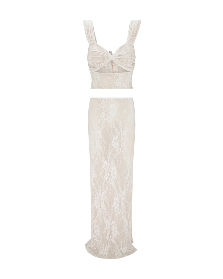 White lace two-piece set with cutout crop top and maxi skirt — By Alle | Endless UAE