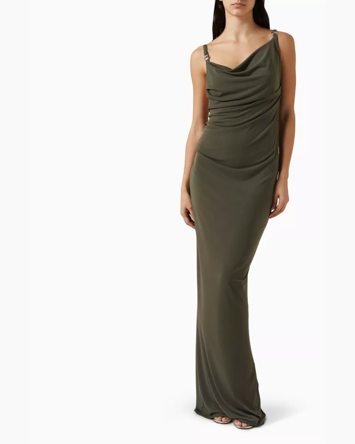 Olive draped open-back gown with thin straps and ring detail — Coperni | Endless UAE
