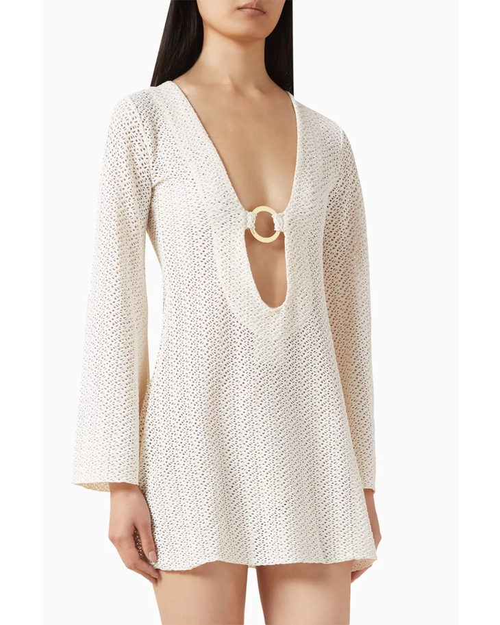 Cream crochet mini dress with long sleeves and ring detail cutout — Monday Swimwear | Endless UAE