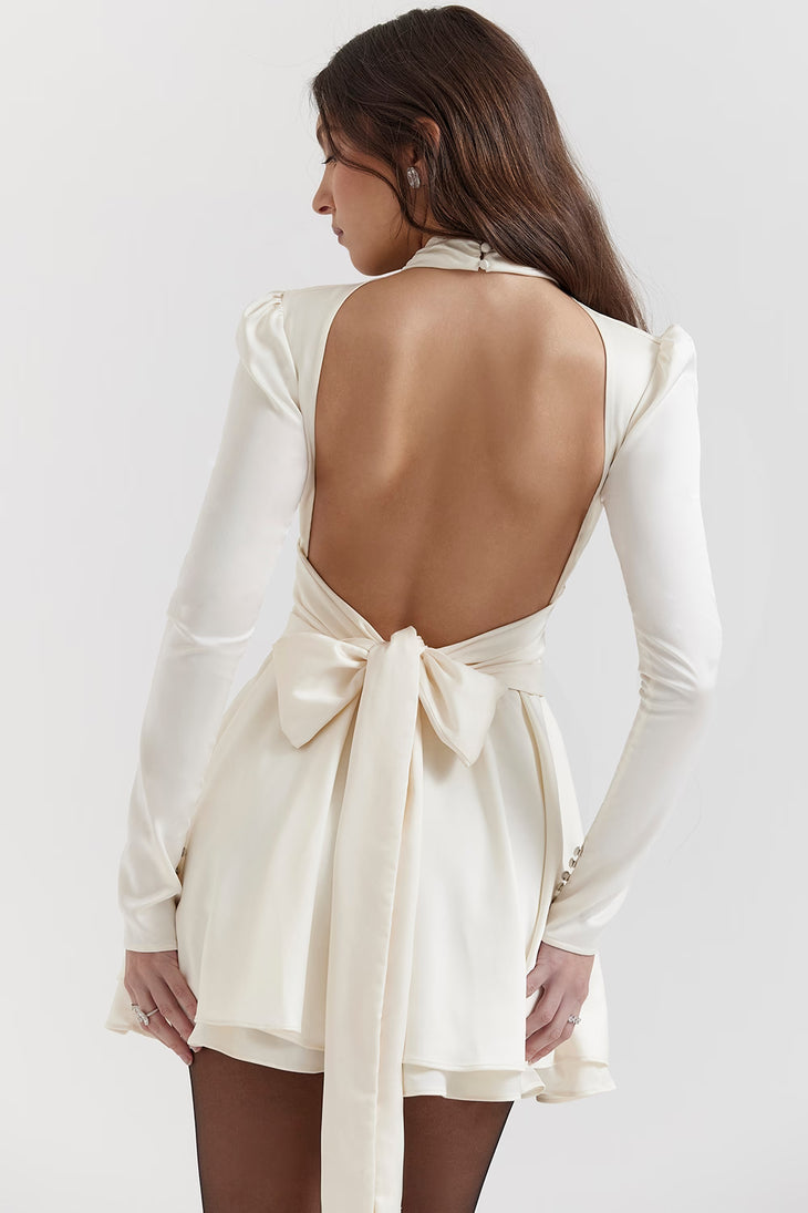Cream wrap mini dress with long sleeves and teardrop cutout back detail — House of CB | Endless UAE