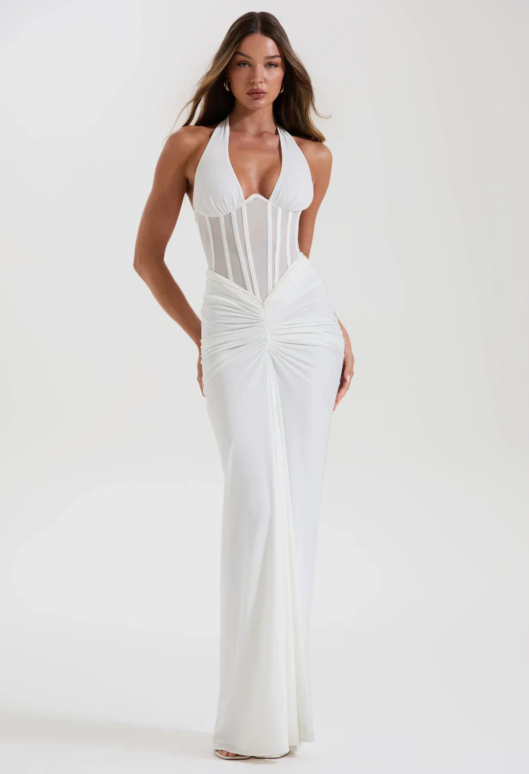 White halter corset maxi dress with sheer panel detailing and ruched skirt — Sydney Lane | Endless UAE