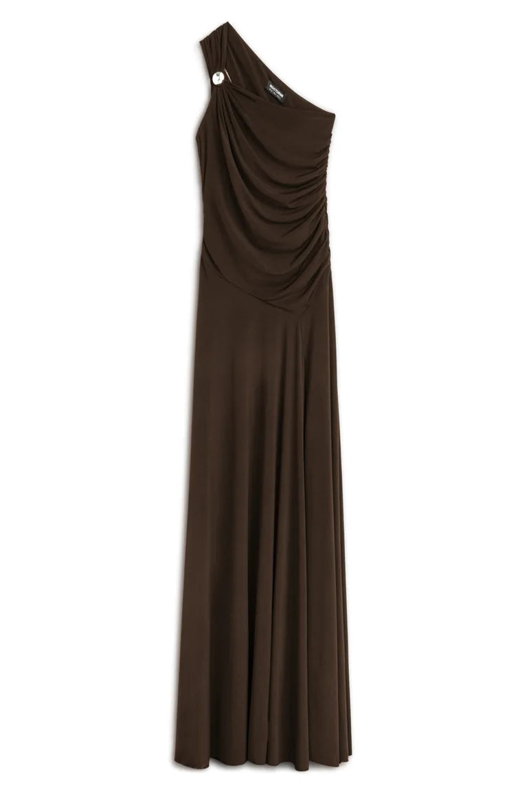 Woman modeling brown one shoulder maxi dress with open back detail — Nocturne | Endless UAE