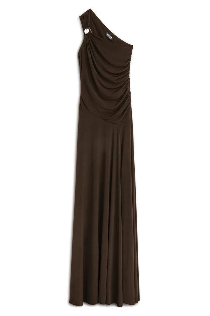 Woman modeling brown one shoulder maxi dress with open back detail — Nocturne | Endless UAE