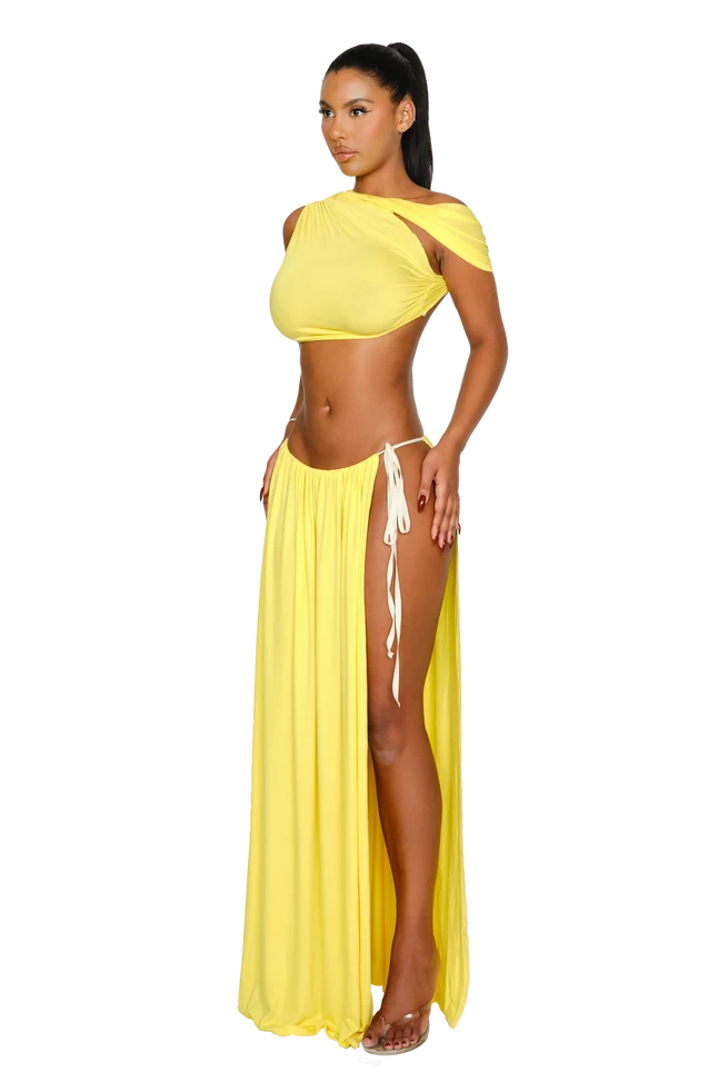 Yellow two-piece crop top and maxi skirt set with asymmetric neckline and high slit — Coucoo | Endless UAE
