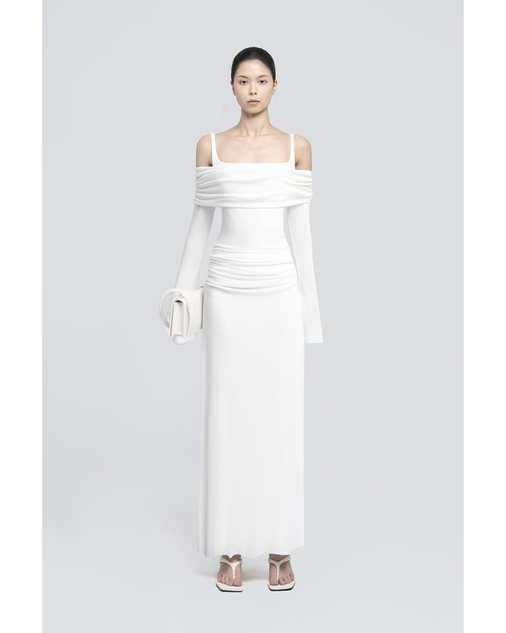 White off-shoulder maxi dress with ruched detailing and matching clutch — CHATS BY C.DAM | Endless UAE