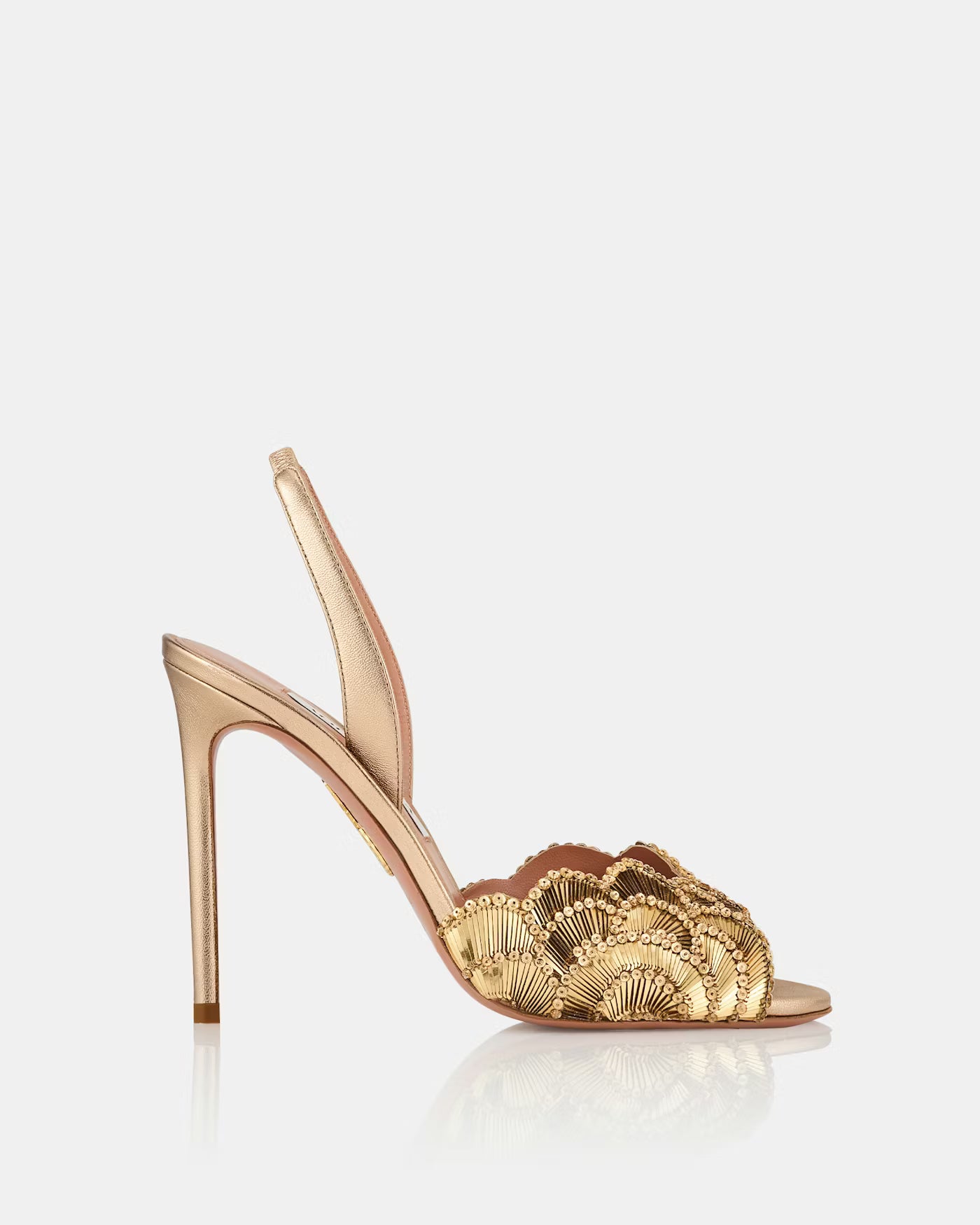 Gold shell-embellished satin slingback heeled sandal with peep toe — Aquazzura | Endless UAE