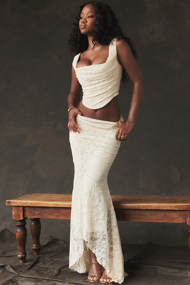 Therese Vintage Co-ord Set in cream featuring draped top and lace skirt — House of CB | Endless UAE
