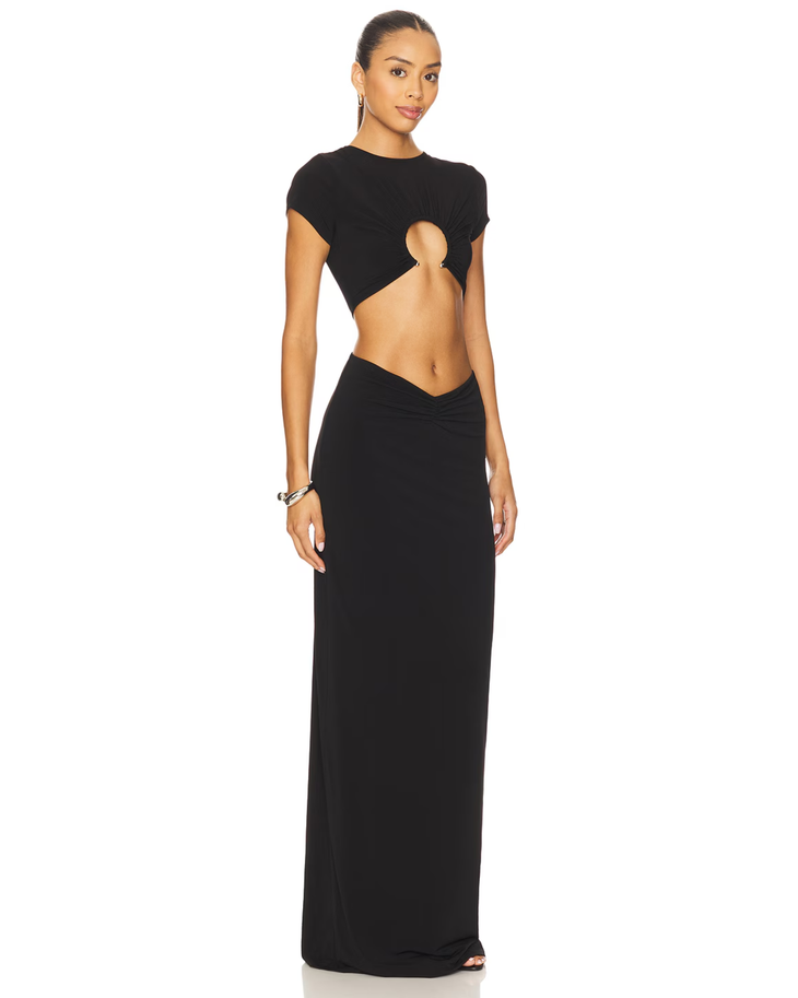 Black cutout maxi gown with short sleeves and sheer chest detail — NBD | Endless UAE