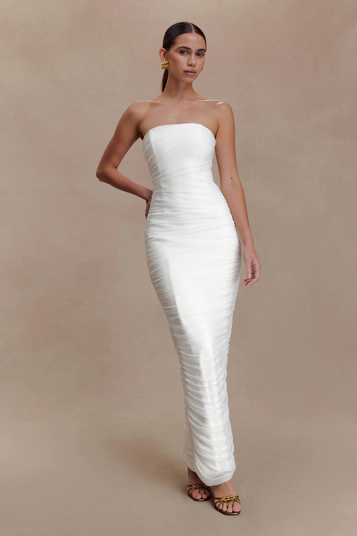 White strapless ruched mesh maxi dress with fitted silhouette — Meshki | Endless UAE