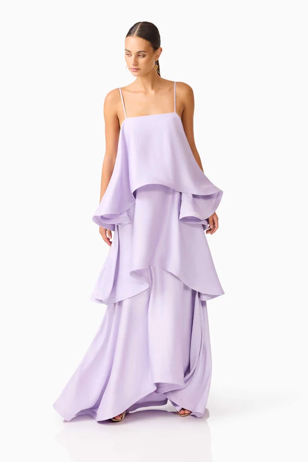 Lavender tiered maxi dress with draped ruffles and spaghetti straps — Elliatt | Endless UAE