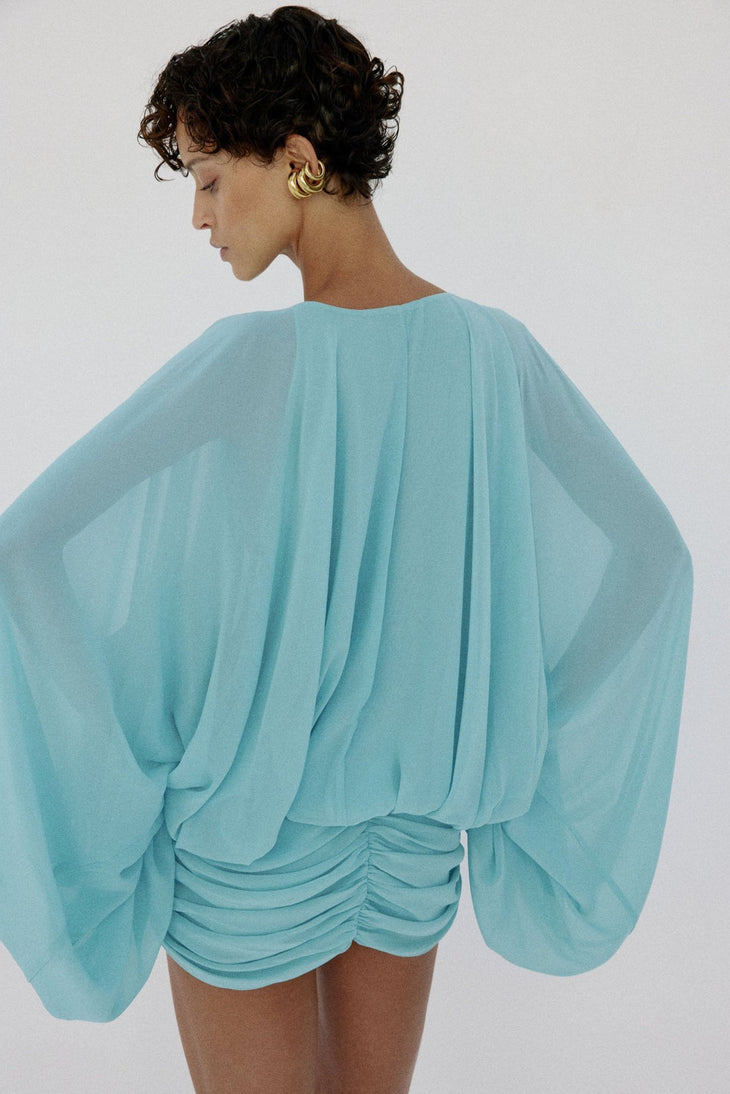 Turquoise Eulalia Mini Dress with draped sleeves and drawstring neckline — De La Vali | Endless UAE