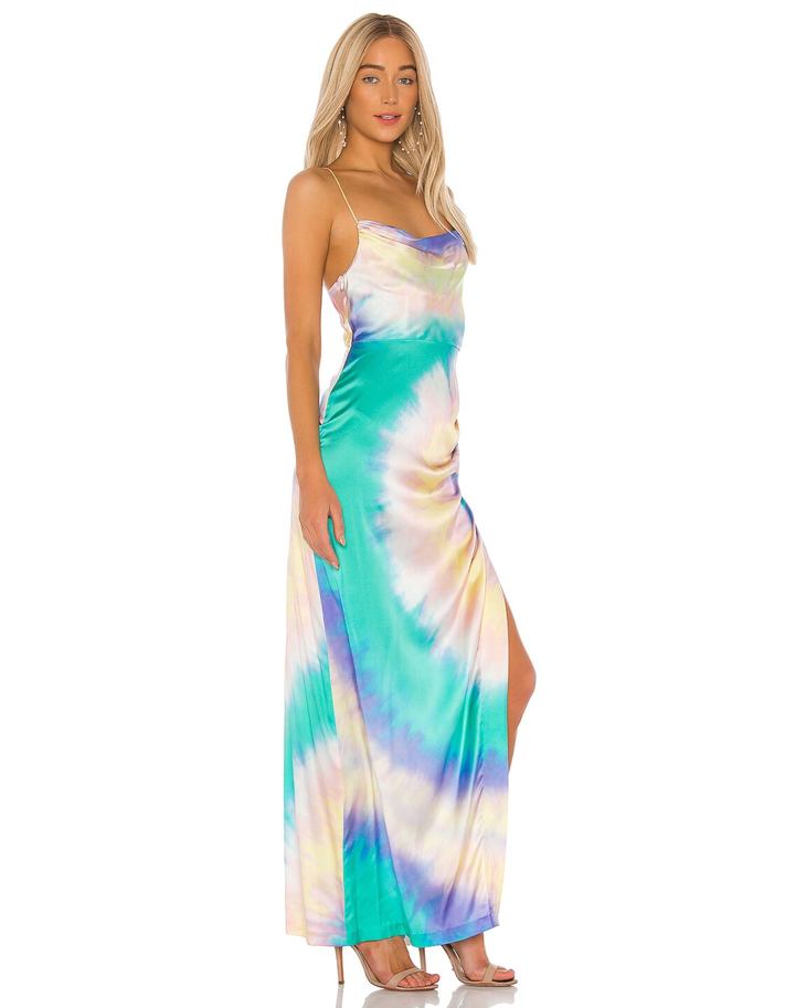 Marlene Dress in multicolor tie-dye print with thin straps and high slit — Retrofete | Endless UAE