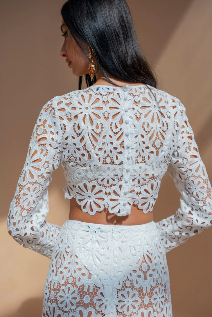 White floral lace crop top and skirt co-ord set with long sleeves — Melissa Phair | Endless UAE