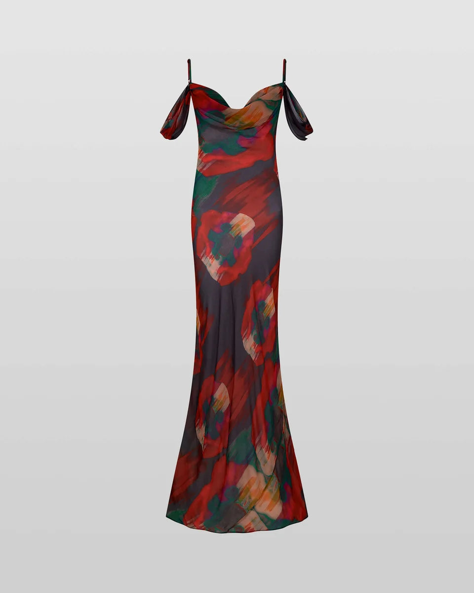 Adriana multicolored abstract print maxi dress with cold shoulder sleeves — Rat & Boa | Endless UAE