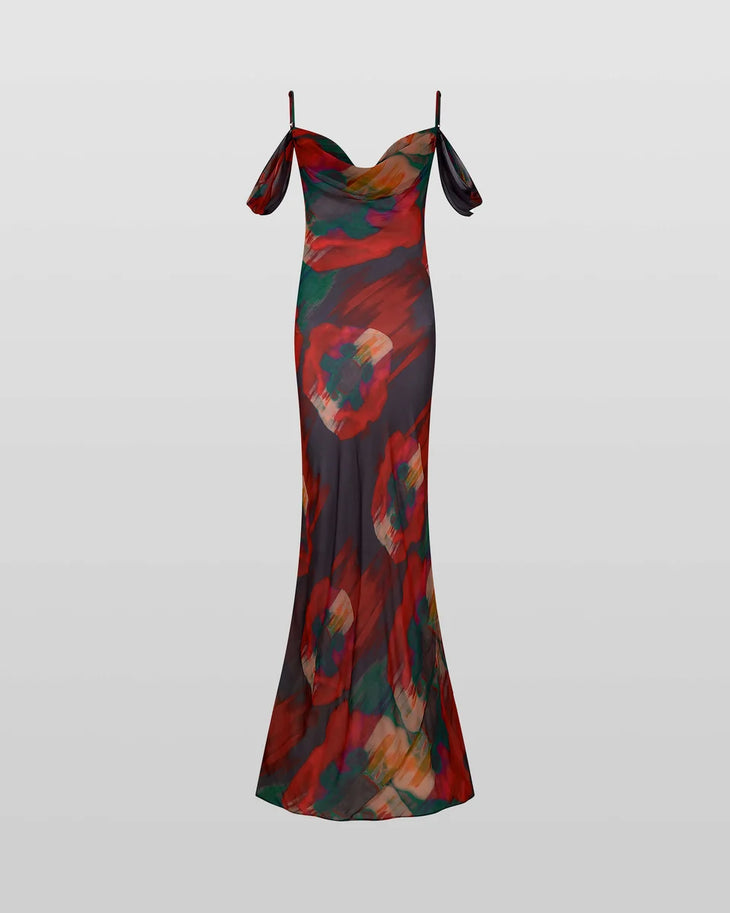 Adriana multicolored abstract print maxi dress with cold shoulder sleeves — Rat & Boa | Endless UAE