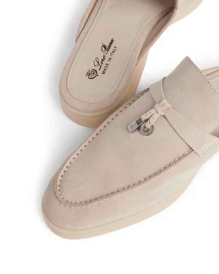 Beige suede babouche slippers with crepe sole and loafer-style front — Loro Piana | Endless UAE