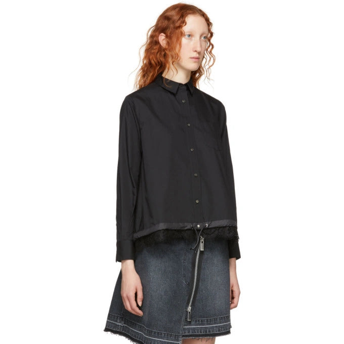 Black Cotton Poplin Shirt with Button Front and Curved Hem — Sacai | Endless UAE
