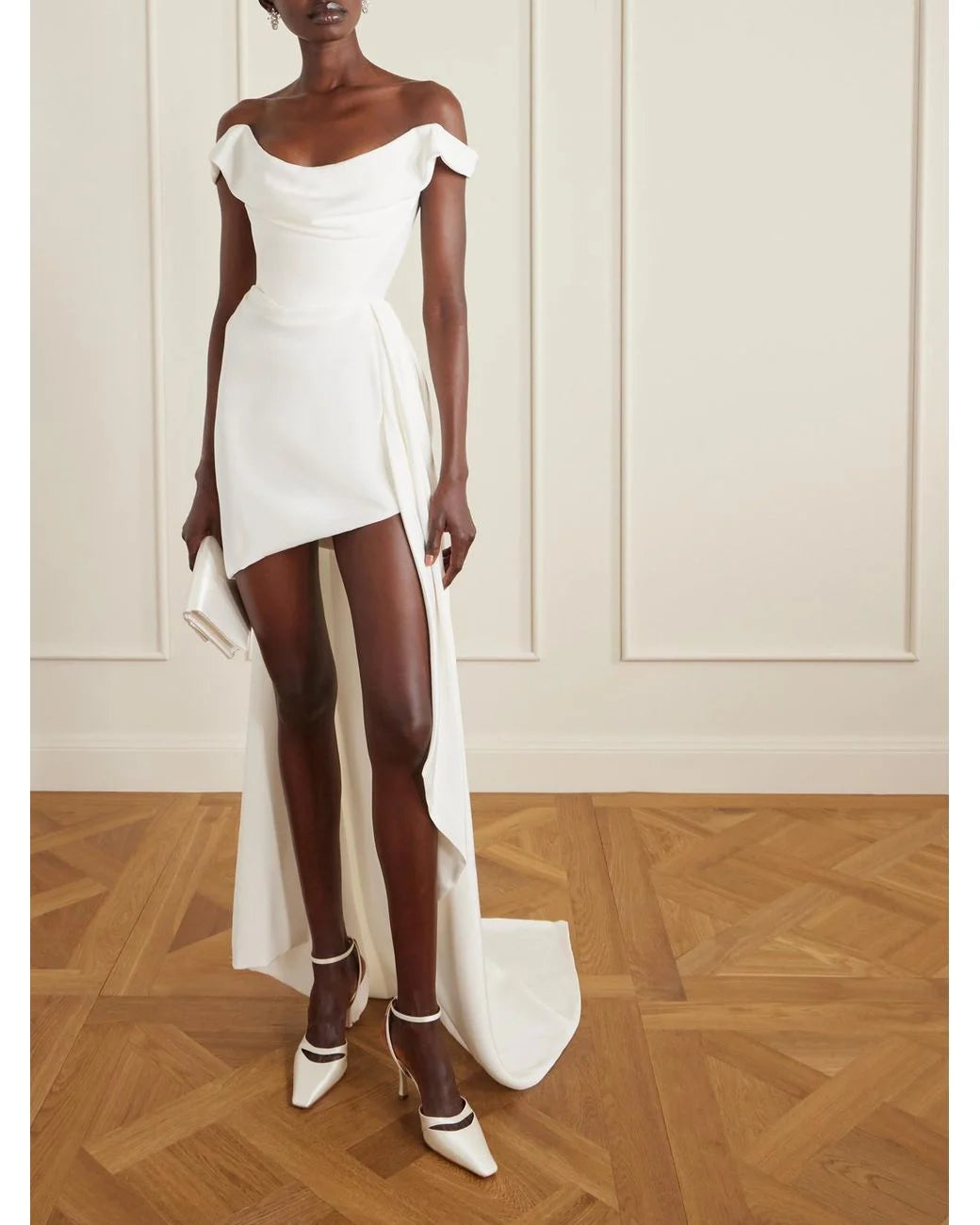 White asymmetric draped silk-cady mini dress with off-shoulder neckline — Vivienne Westwood | Endless UAE