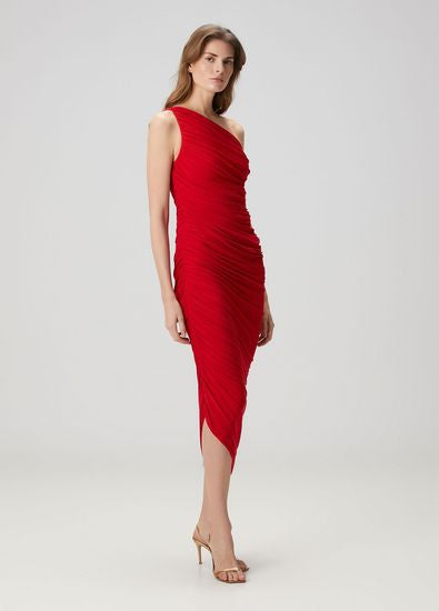 Woman wearing red one-shoulder ruched midi dress — Norma Kamali | Endless UAE