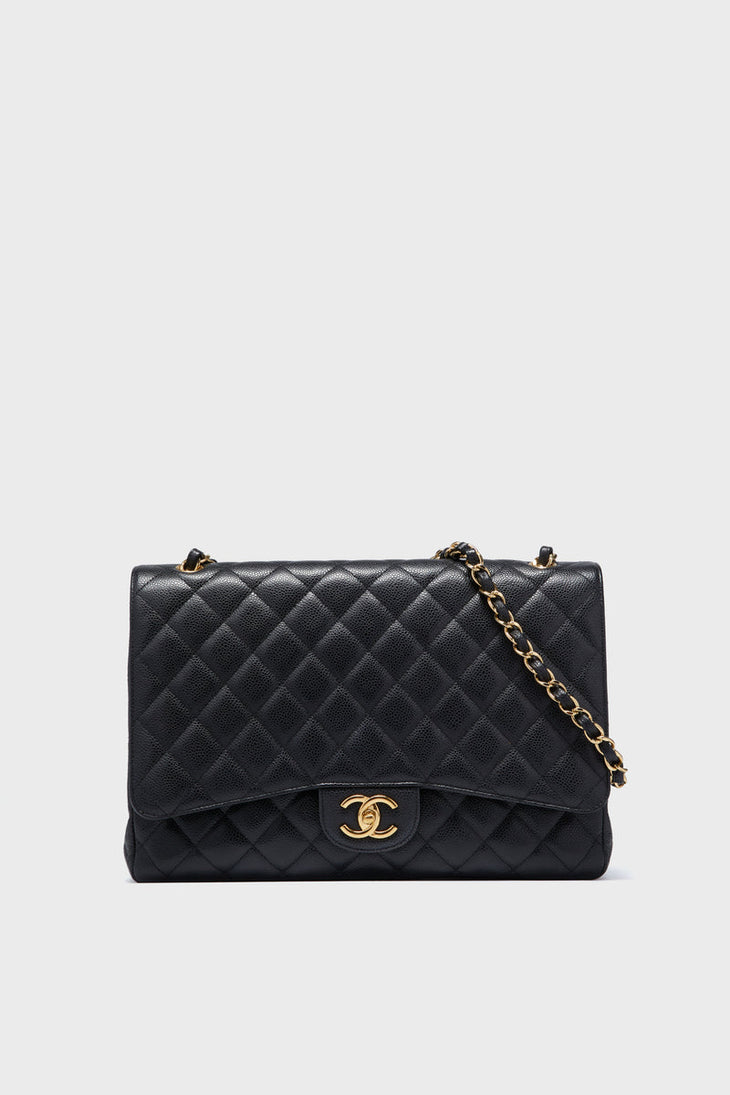 Black quilted leather maxi double flap shoulder bag with gold chain strap — Chanel | Endless UAE