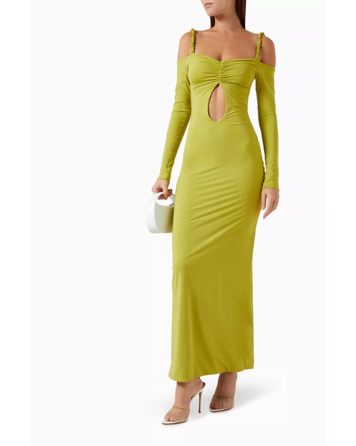 Lime green cut-out maxi dress with cold shoulder sleeves — Maygel Coronel | Endless UAE