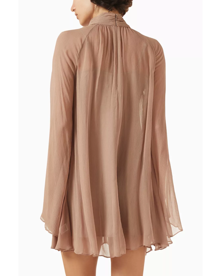 Taupe chiffon mini dress with long sleeves and turtleneck collar — Staud | Endless UAE