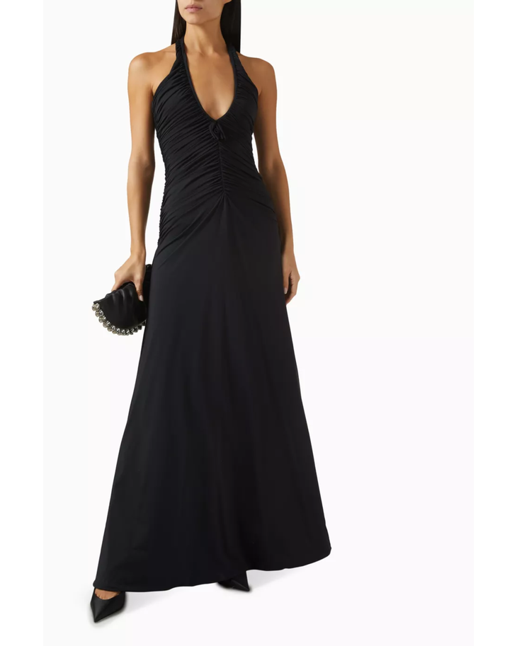 Black halter neck maxi dress with ruched bodice and flowing skirt — Maygel Coronel | Endless UAE