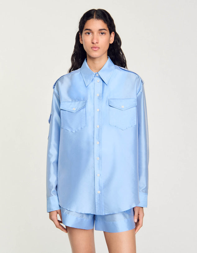 Light blue oversized shirt with chest pockets worn open — Sandro | Endless UAE