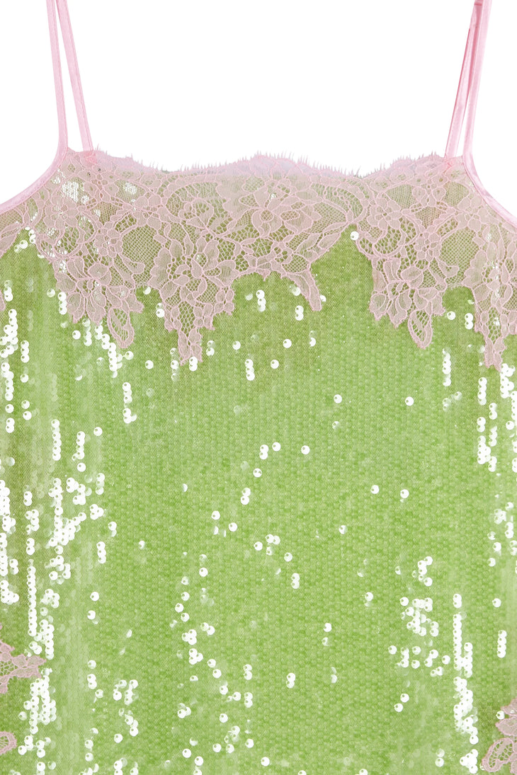 Green sequin mini dress with pink lace trim and adjustable straps — Hand Over | Endless UAE