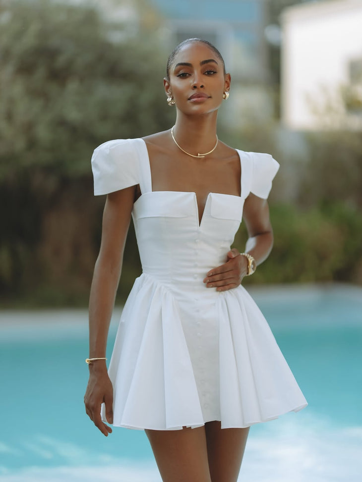 White Antonella Midi Dress with lace-up back and short sleeves — Chic le Frique | Endless UAE