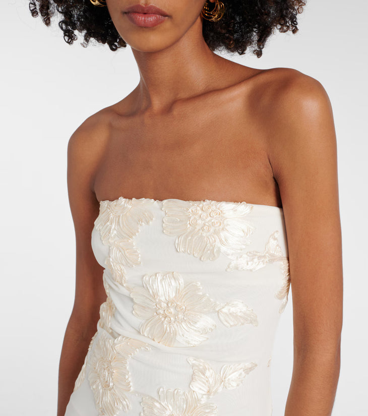 Alberty cream floral-appliqué mesh strapless gown with train — Rotate Birger Christensen | Endless UAE
