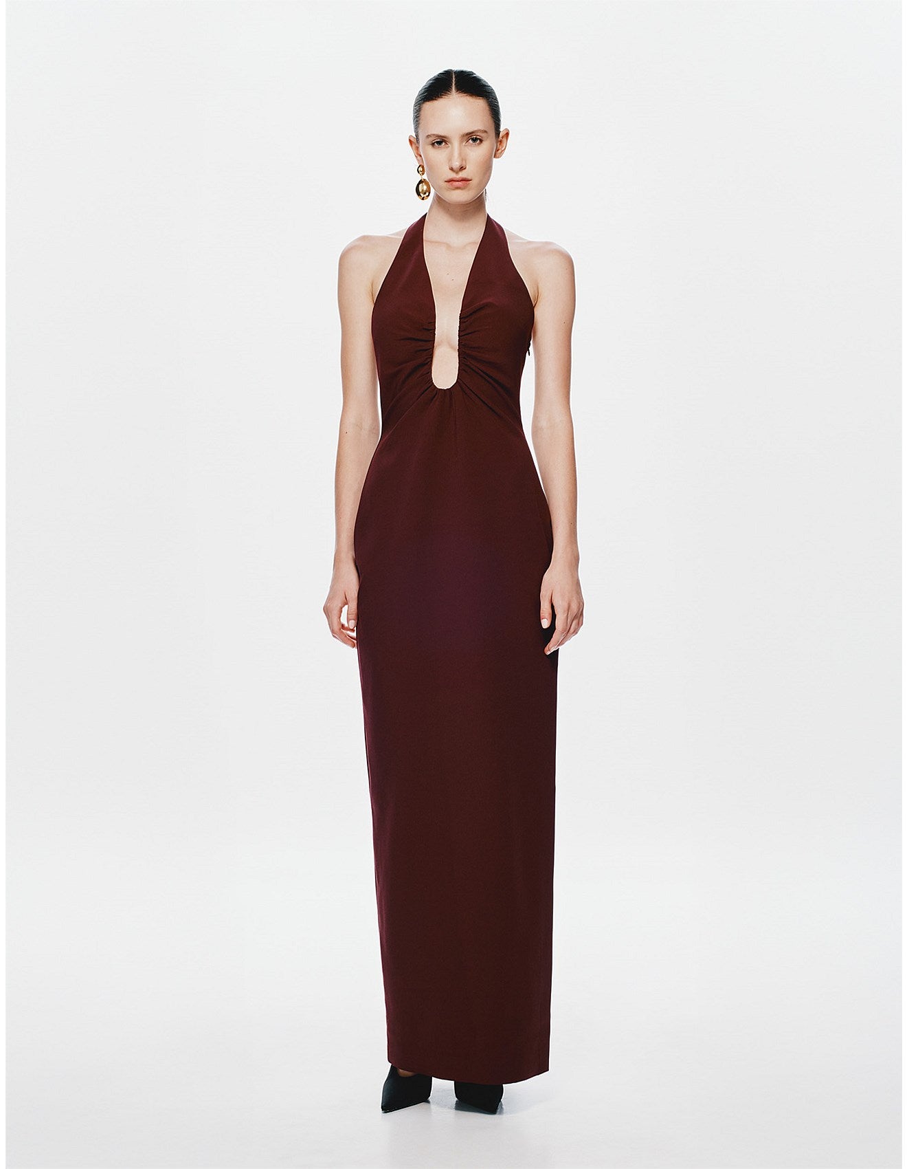 The Alusia Dress in burgundy halterneck maxi silhouette — Misha | Endless UAE