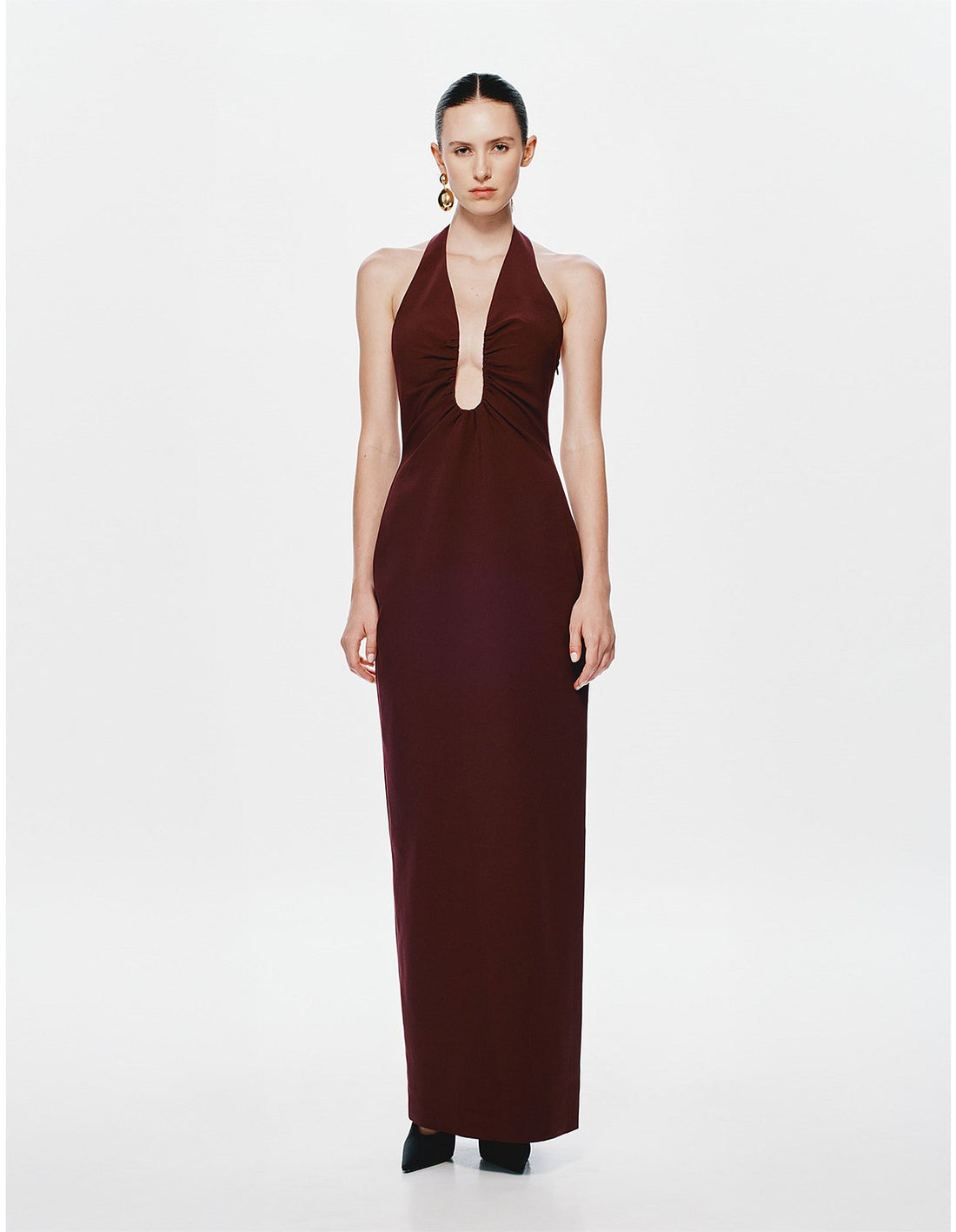 The Alusia Dress in burgundy halterneck maxi silhouette — Misha | Endless UAE