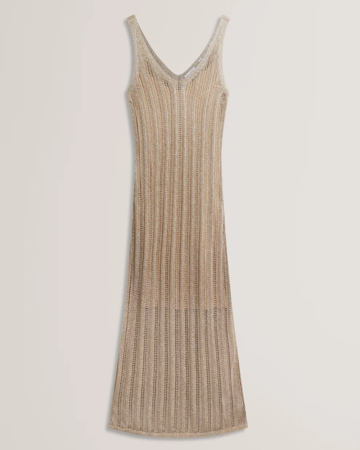 Beige ribbed knit sleeveless midi dress with V-neckline — Ted Baker | Endless UAE