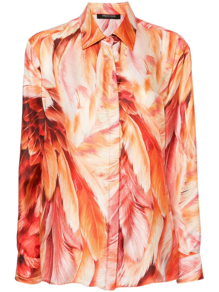 Plumage Silk Set in vibrant red and orange feather print — Roberto cavalli | Endless UAE