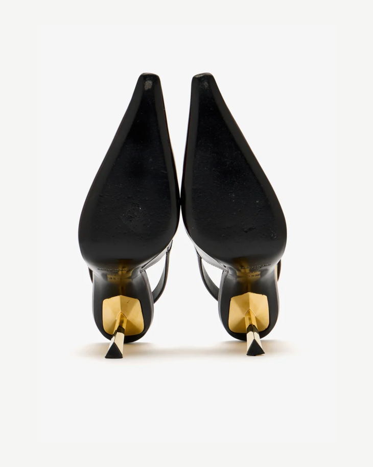 Burgundy patent leather slingback pump with gold heel — Saint Laurent | Endless UAE