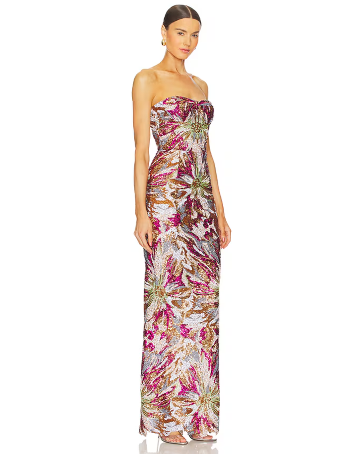 Strapless sequin maxi dress with floral embroidery in pink, gold and ivory — Bronx & Banco | Endless UAE